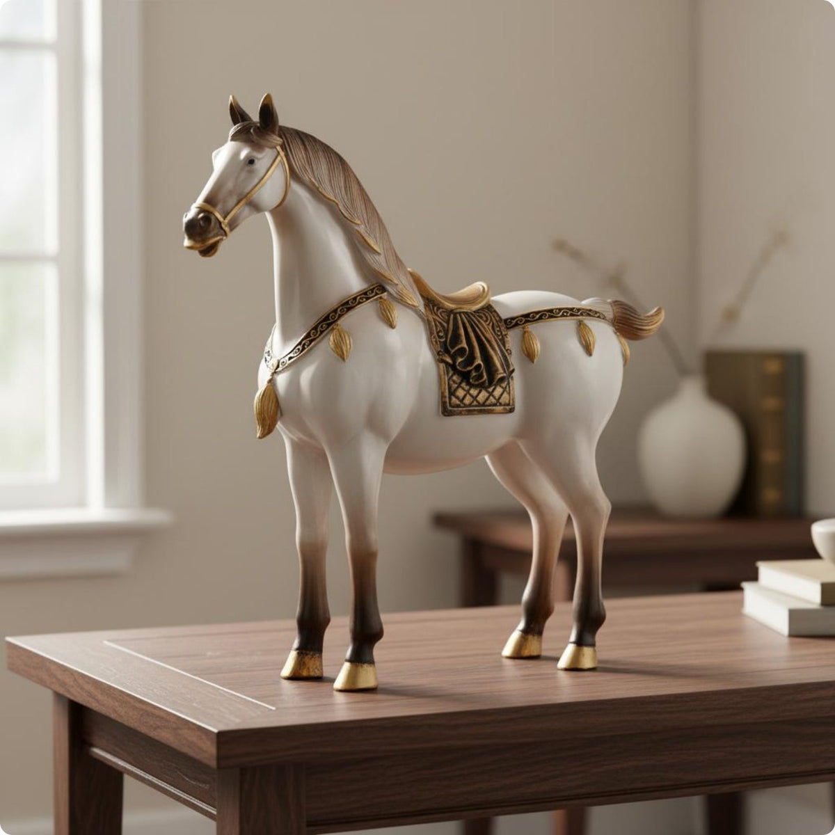 Auspicious Horse Sculpture Good Luck Gift Home Decor Gold Accents for Office