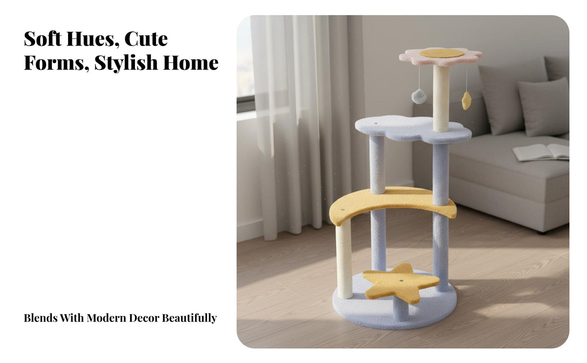 Sisal Scratching Posts Multi-Level Feline Tree Sturdy Structure Multi-Level Star and Moon Climber Soft Fabric Perches Feline Activity Hub Includes Hanging Toys for Indoors, Indoor, Living Room, Home