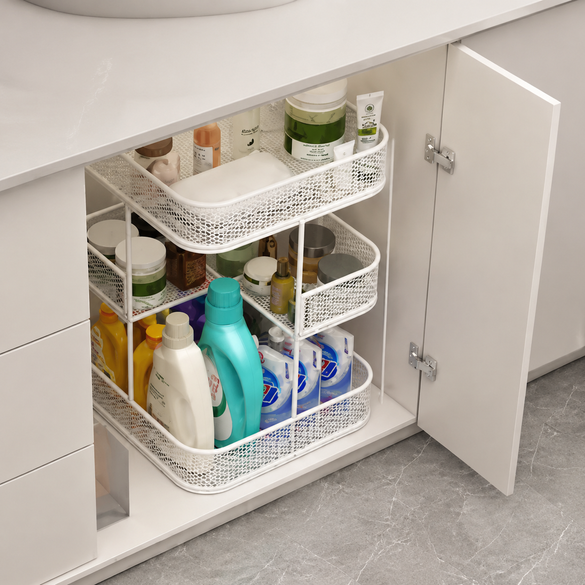 Kitchen Storage Rack, Under-Sink Storage, 3-Tier, Metal, Height 35cm, Space-Saving