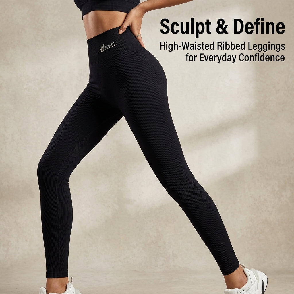 Gym Leggings for Women with Ribbed Texture and Embroidered Detail, High Waist for Autumn Winter Loungewear, Full Length