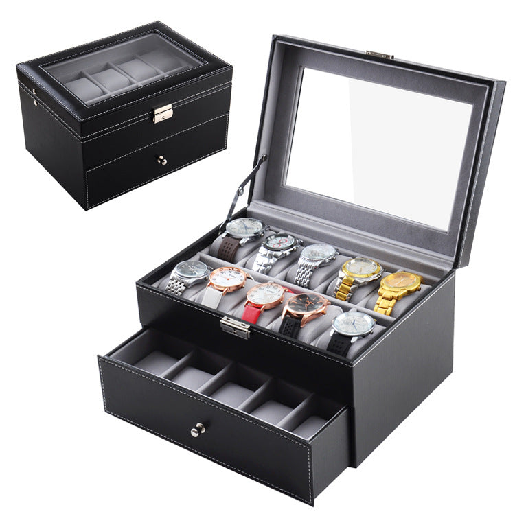 20-Slot Double-Layer Wooden Watch Box with Leather Cover