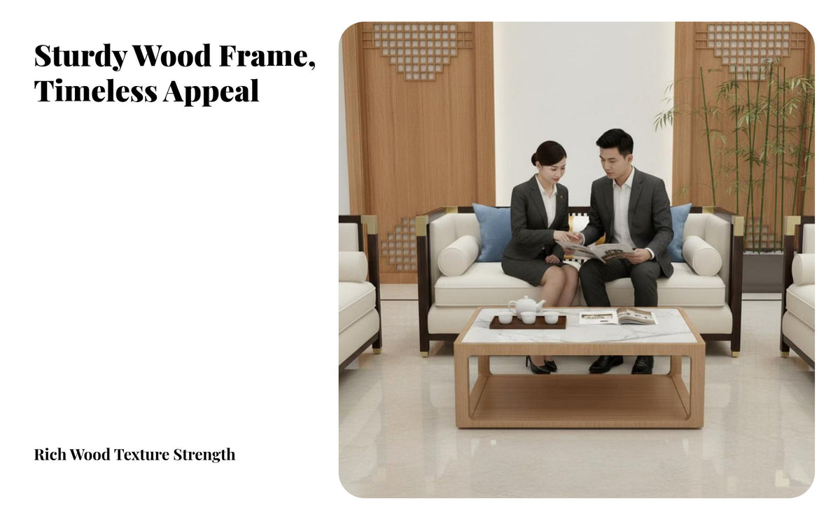 Light Luxury Design Oriental Seating Set Durable Wood Frame Oriental design Bench and Armchair Set Comfortable Sofa Group Minimalist Aesthetic for Interior Designers, Homeowners, Business Owners, Sales Office, Living Room, Hotel Lobby, Reception Area