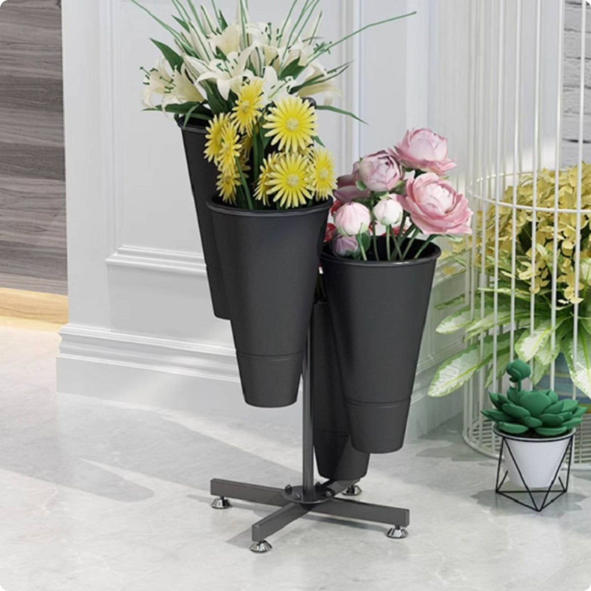 Iron Flower Rack Metal Frame Multi-Tier Flower Stand Removable Buckets