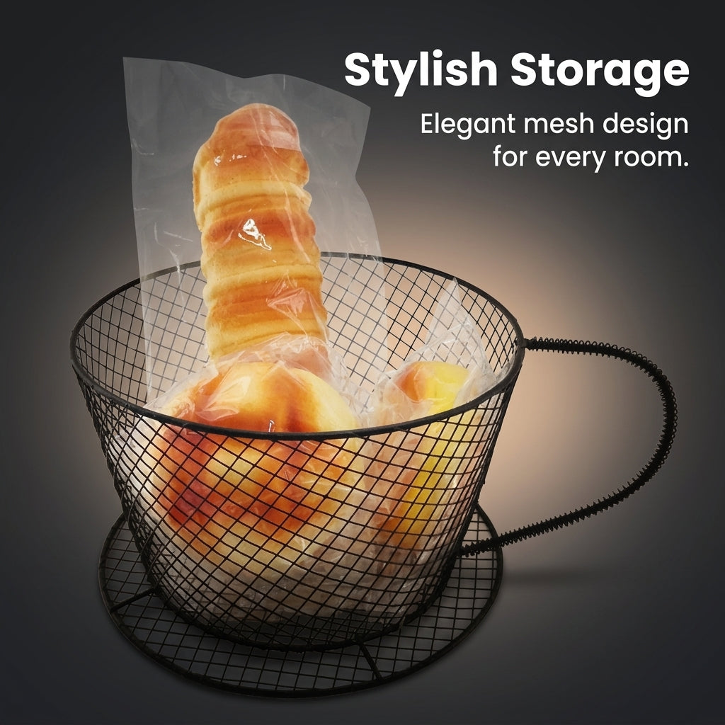 Gift Basket with Unique Tea Cup Shape for Home Decor, Wire Mesh Storage for Shelves and Organizing, Metal Design for Homemakers