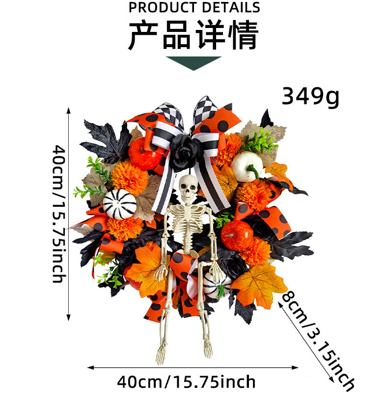Halloween Maple Pumpkin Skull Wreath, Artificial Flower Vine Door Hanging