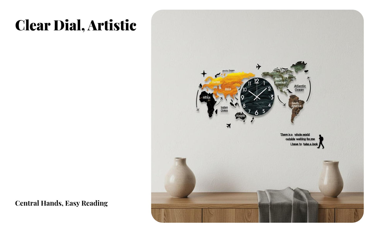 Large Decorative Wall Clock Modern Minimalist Design Clock Noiseless Mechanism Acrylic World Geographical Representation Timepiece