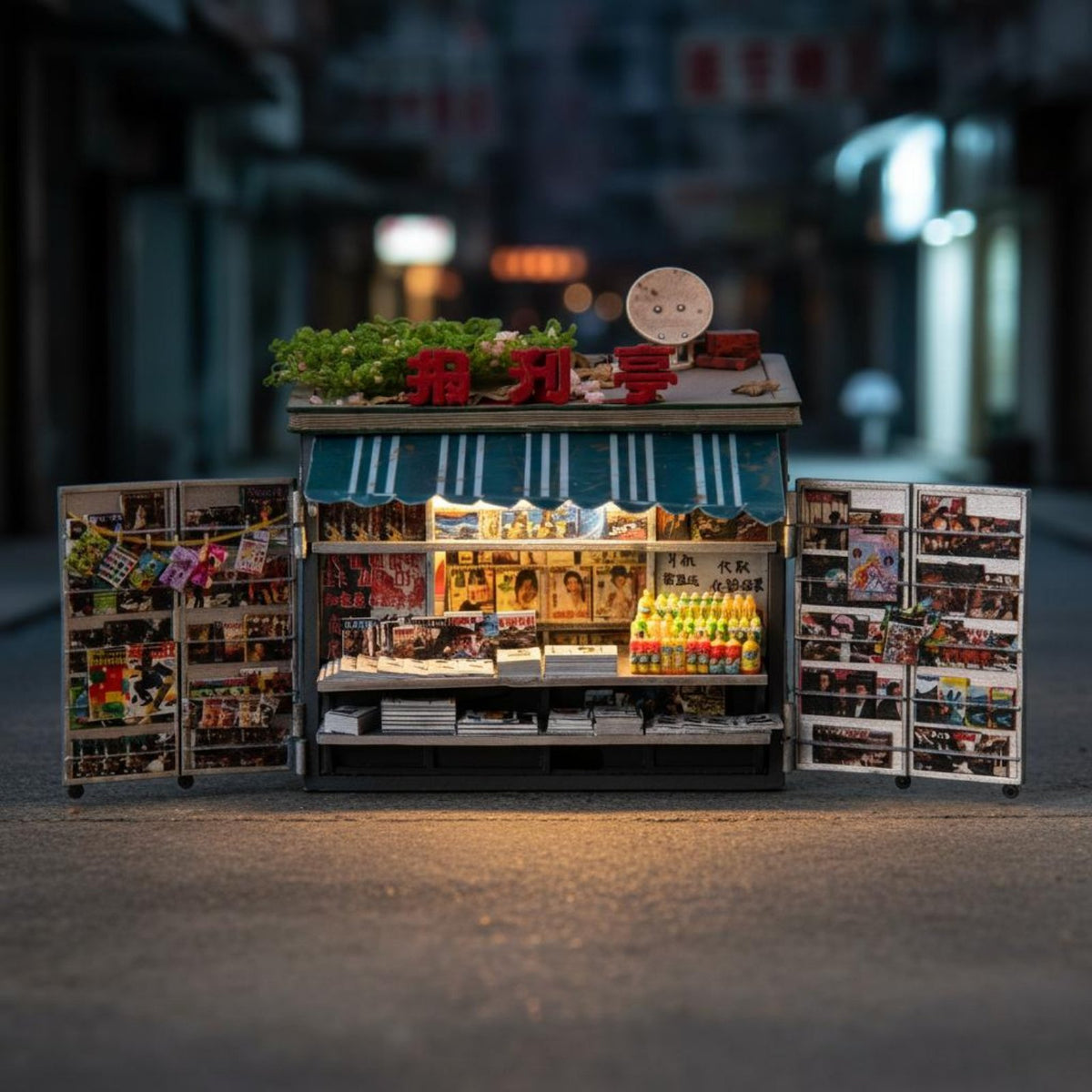 Illuminated Newsstand Model Built-in Light 1:64 Newsstand Hand-Painted
