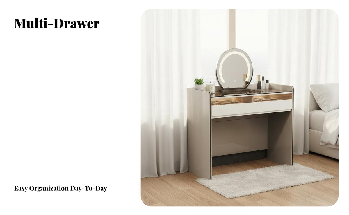 Modern Design Dressing Table with Lighted Mirror and Side Cabinet Large Storage Capacity Lighted Vanity Set Integrated single Makeup Desk Glass Door Display for Women, Teenagers, Teens, walk-through Closet