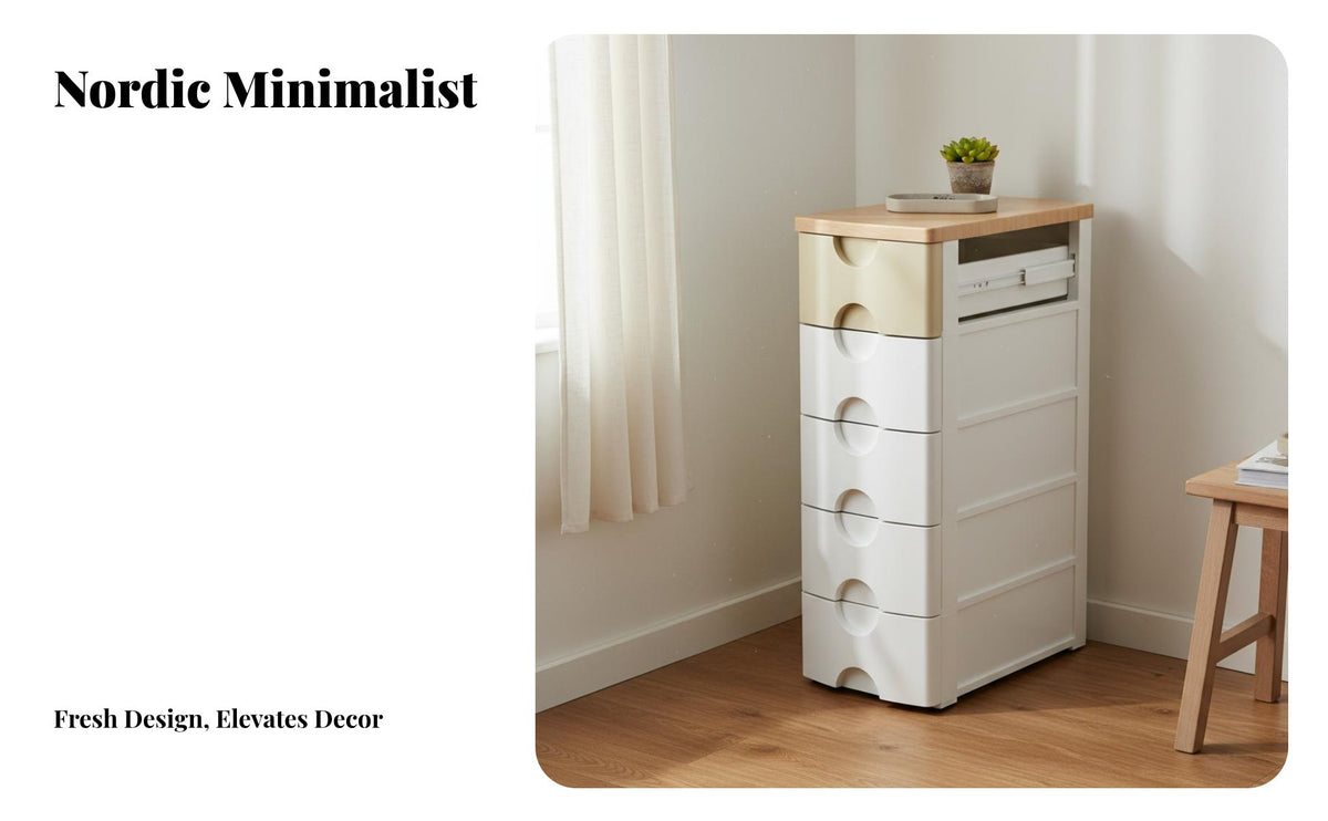 Space-Saving Wood Top Plastic Drawer Cabinet Multifunctional Multi-Layer Storage Unit Clutter-Unrestricted Organization Freestanding Drawer Organizer Minimalist Design for Students, Homeowners, Office Workers, Kids Room, Bedroom, Closet, Bathroom