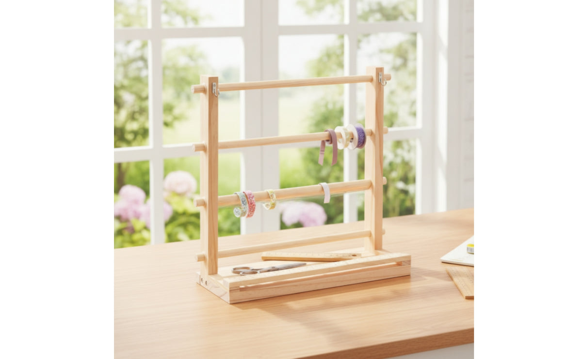 Ribbon Storage Rack Wood Ribbon Organizer with Tray Wooden for Crafters, Florists, Gift Wrapping Station