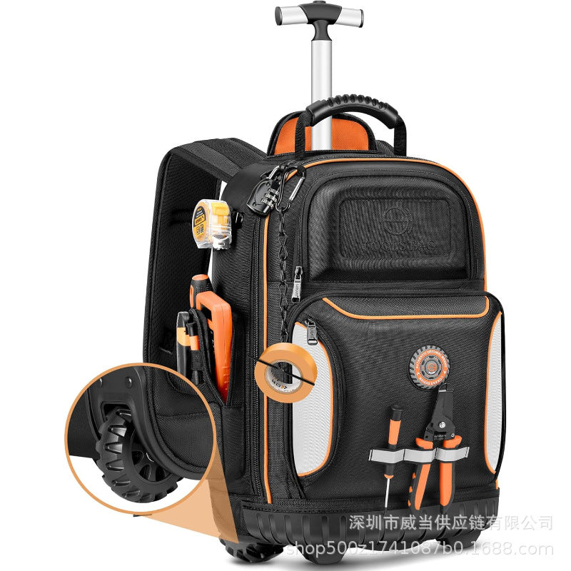Rolling Tool Backpack with 75 Pockets and Molded Base for Electricians and Construction Work