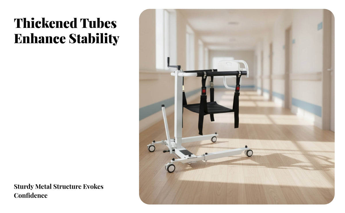 Hand-Crank Folding Patient Lift Padded Manual Transfer Lift Wheeled Medical Equipment Four Casters for Home Care, Nursing Transfers
