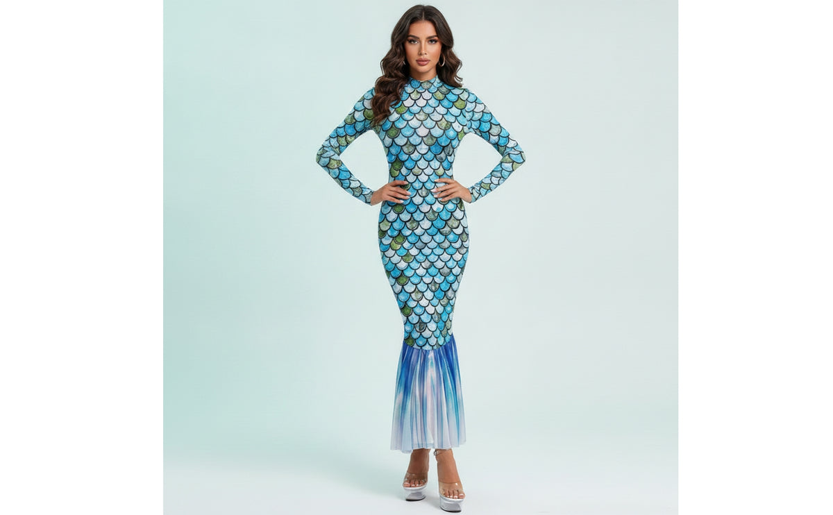 Long-Sleeve Mermaid Dress Fitted Fishtail Dress See-Through Evening Gown Lightweight for Women, Photoshoots, Themed Events, Costume Parties