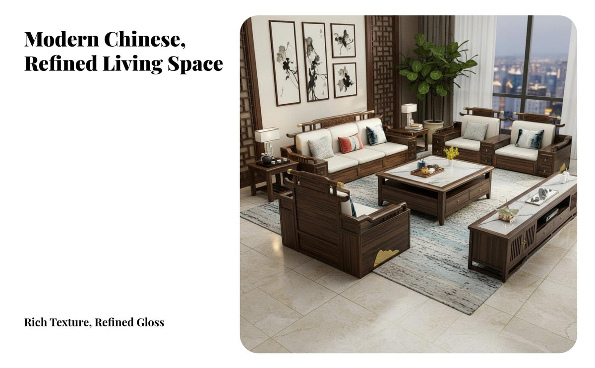 New Chinese Design Sofa Set Firm-Support Sponge Cushions Ebony Wood Sofa Combination Accent Pillows Included Solid Hardwood Furniture Room Furniture