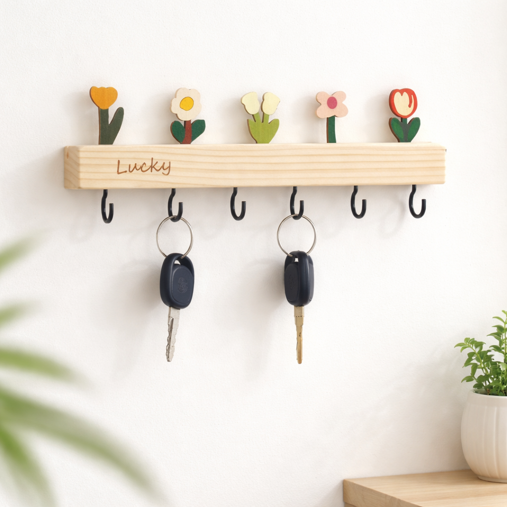 Solid Oak Key Rack, Handmade for Hallway & Entryway, Mini Key Holder with 3 Hooks for Wall Mounting