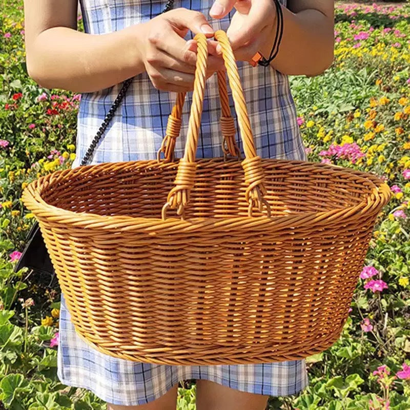 Wicker-Style Plastic Shopping Basket for Outdoor Picnics