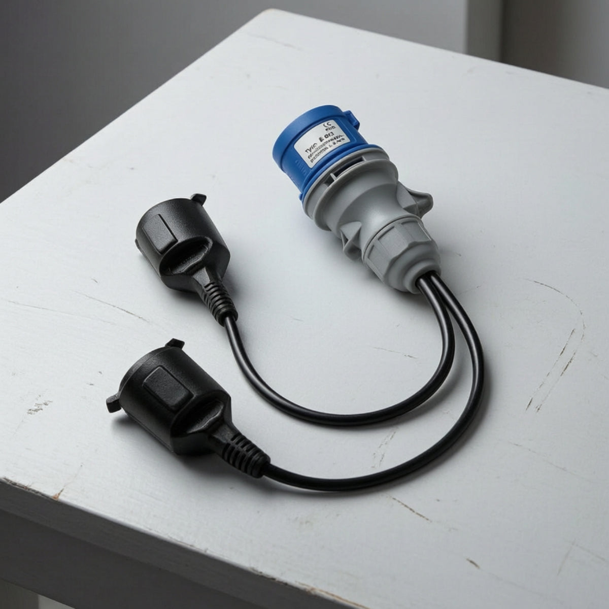 Heavy-Duty Splitter with Safeguarding Caps Industrial 1-to-2 Power Splitter Cord Earthed Locking for Professionals, Electricians, Construction Sites, Workshops, Outdoor