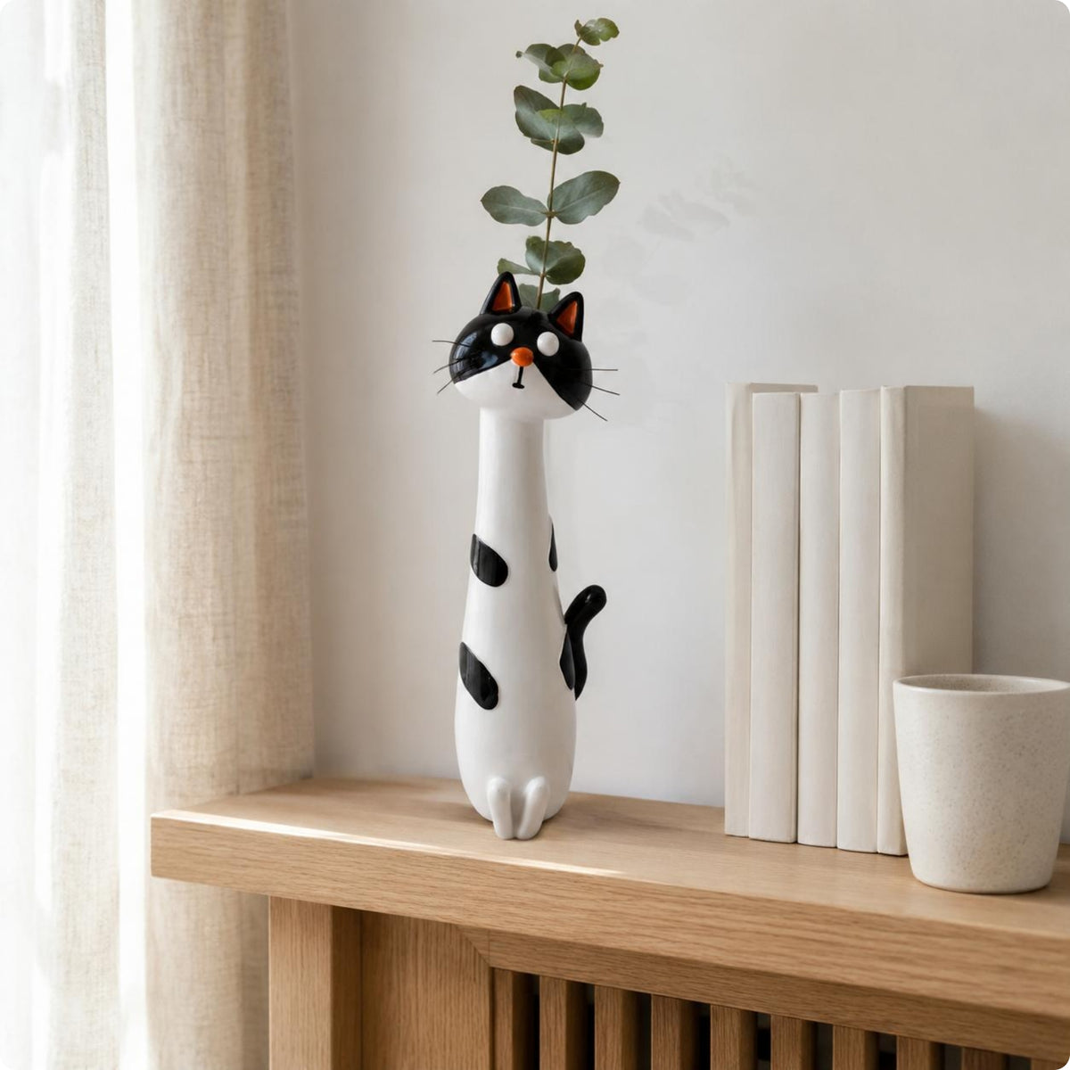 Feline Figurine Vase Nordic Style Resin Cat Statue Vase Handmade Table Ornament
