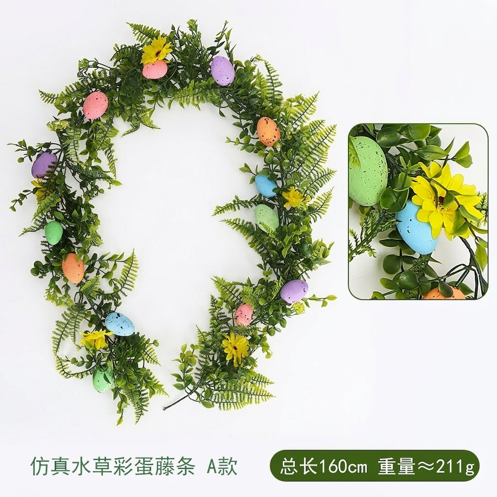 Easter Egg Garland with Green Leaves, Artificial Silk Flower Garland for Indoor Display, Decorative Hanging Garland