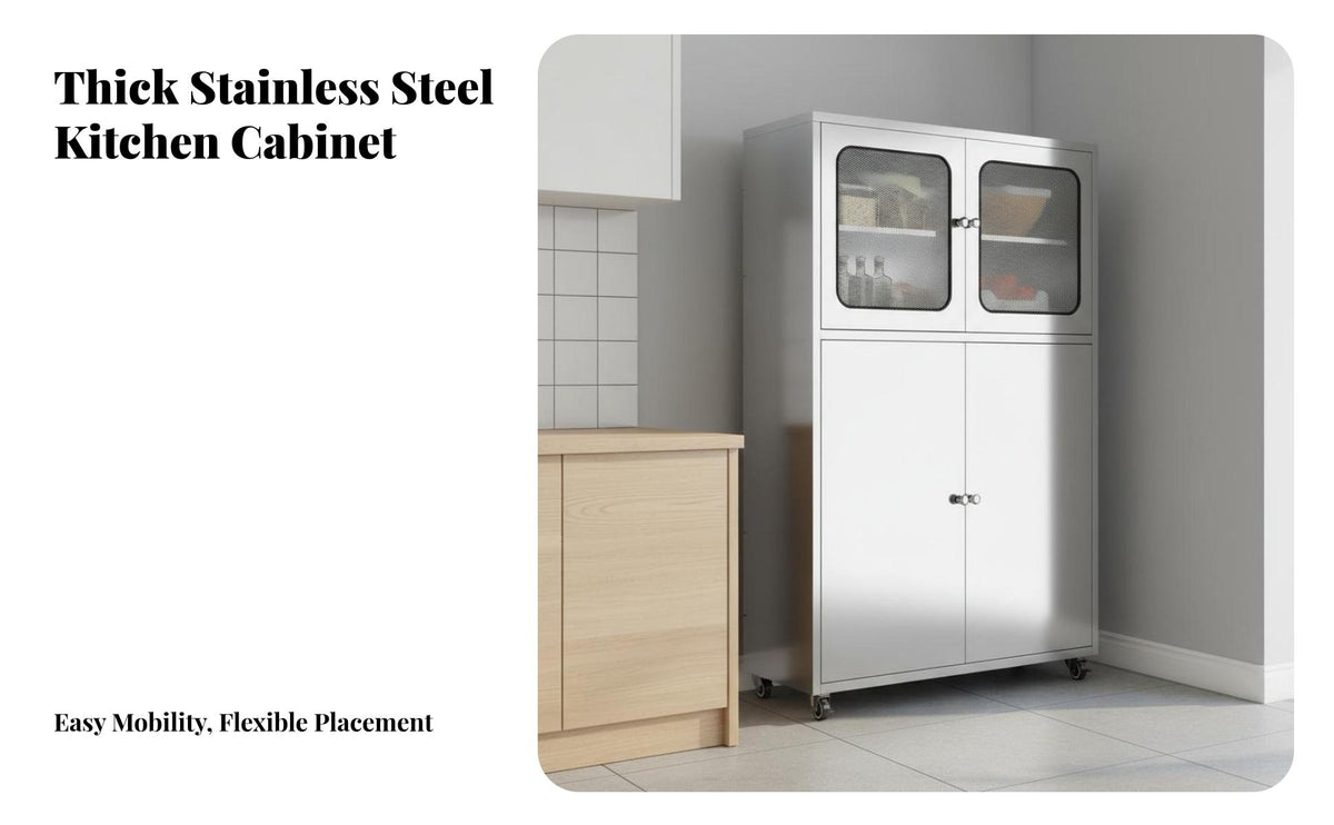 Thickened Stainless Steel Kitchen Storage Cabinet Large Capacity Kitchen Pantry Cabinet Easy to Clean Freestanding Food Pantry Multi-Functional for Homeowners, Families, Renters, Dining Room, Bathroom, Office