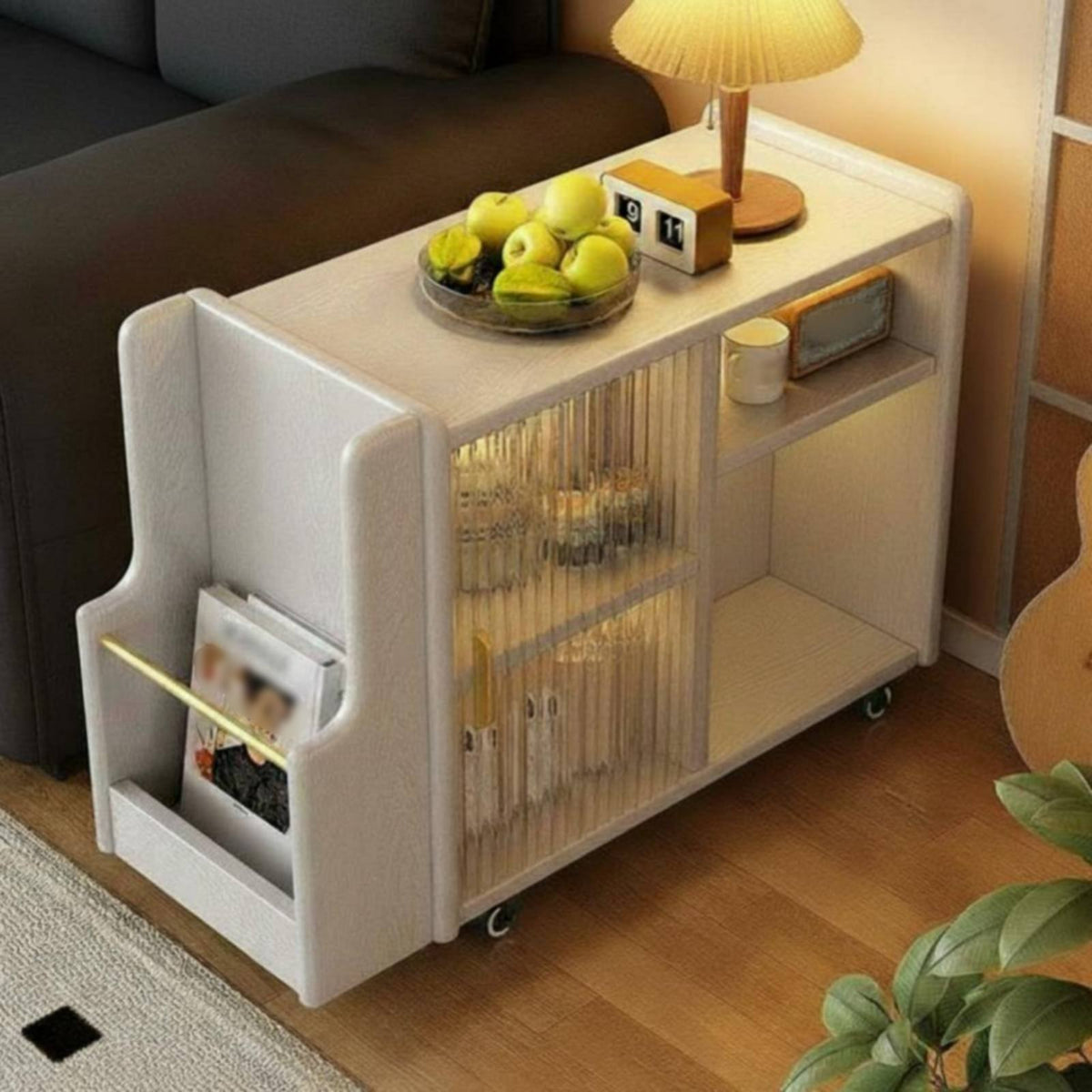 Wheeled End Table with Magazine Holder Space-Saving Design Indoor Furniture