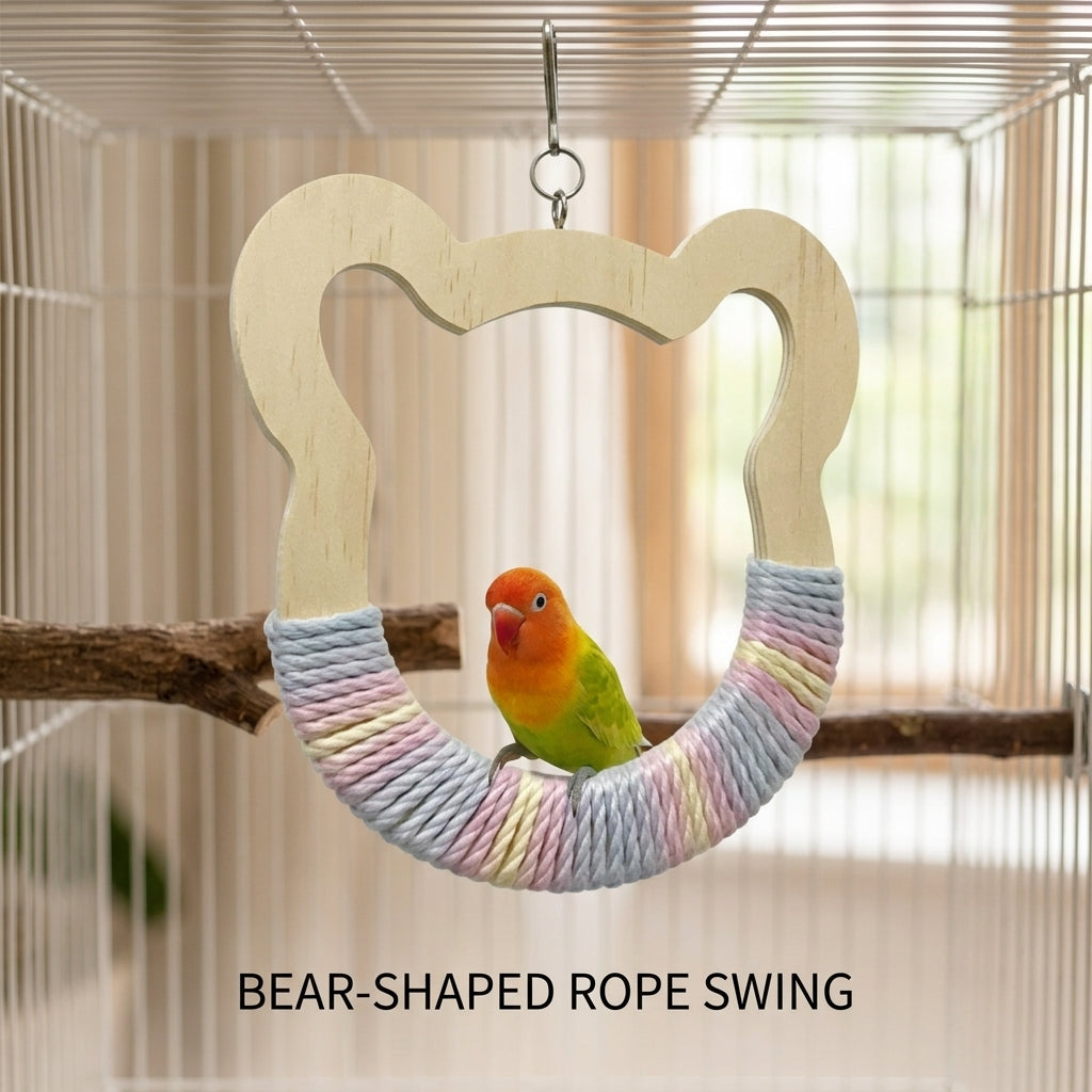 Bird Swing Heart and Bear Shaped Cockatiel Toy with Rope Perch, Wrapped Dowel Cockatiel Swing, Hanging Toys for Parakeet and Finches
