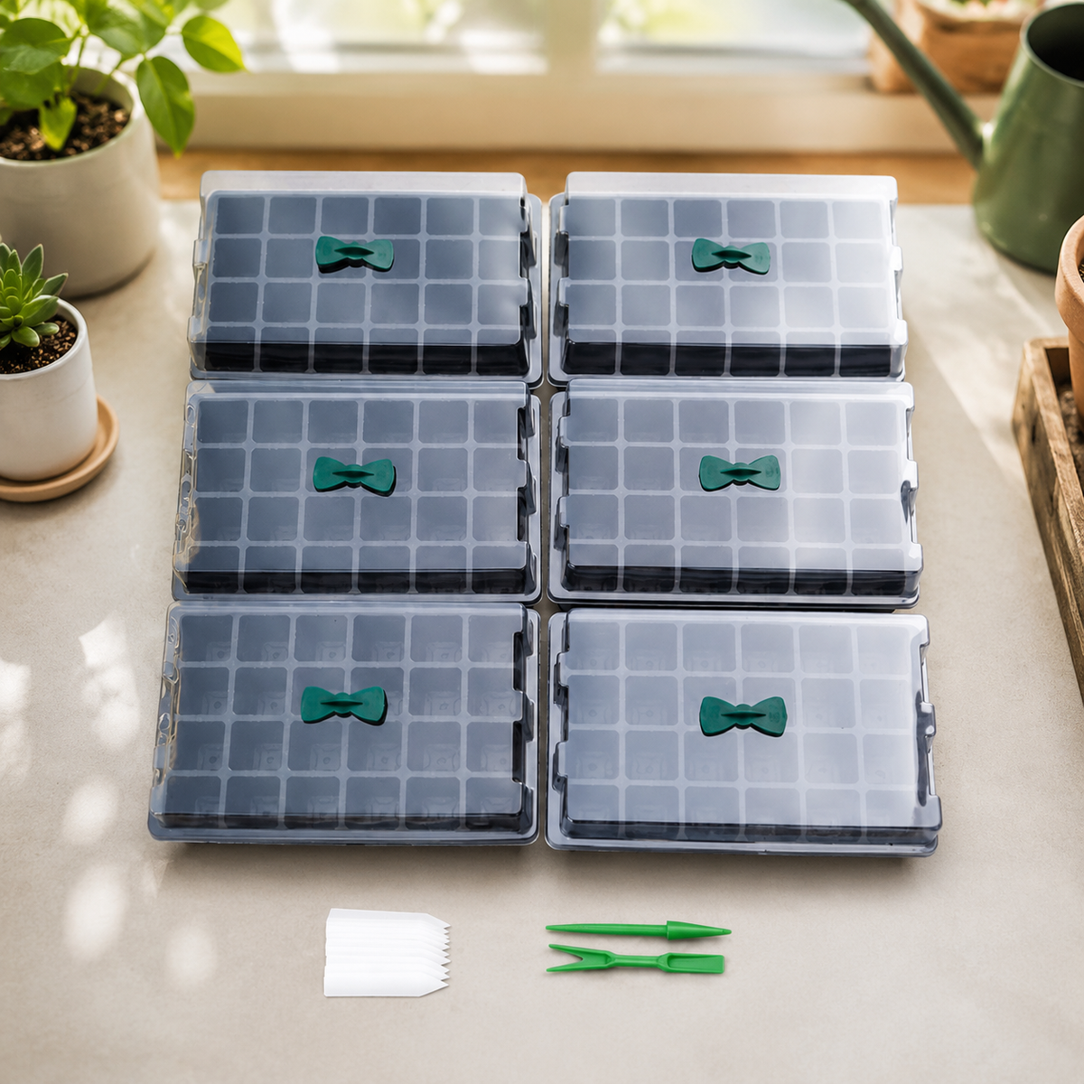 24-Cell Seed Starter Tray, Germination Trays for Vegetables with Ventilation, 36.5×23×11cm Seed Starter Set for Hobby Gardeners, Including Dibber & Labels