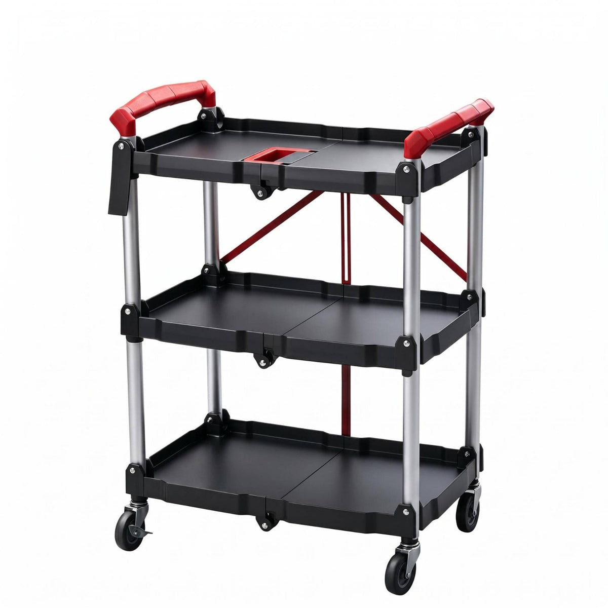 Foldable Three-Tier Tool Trolley Tray-Style Frame Rolling Tool Cart Space-Saving