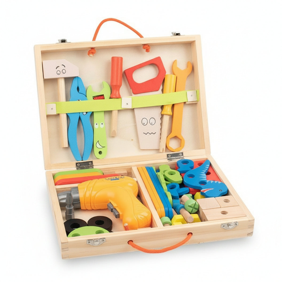 Wooden Toolbox Playset Compartmented Pretend Play Toolbox Wooden Tool Box Toy Rope Handles Pretend Tool Kit Fine Motor Skills