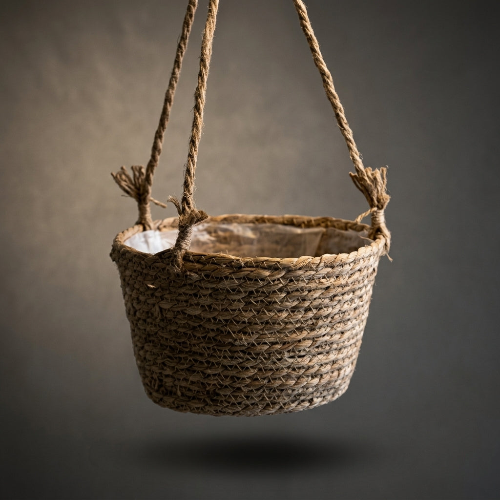 Hanging Basket for Garden Decor and Hanging Plant Display, Boho Decor Plant Hanger with Liner, Handmade Plant Fiber Round Plant Basket, 1 Pack