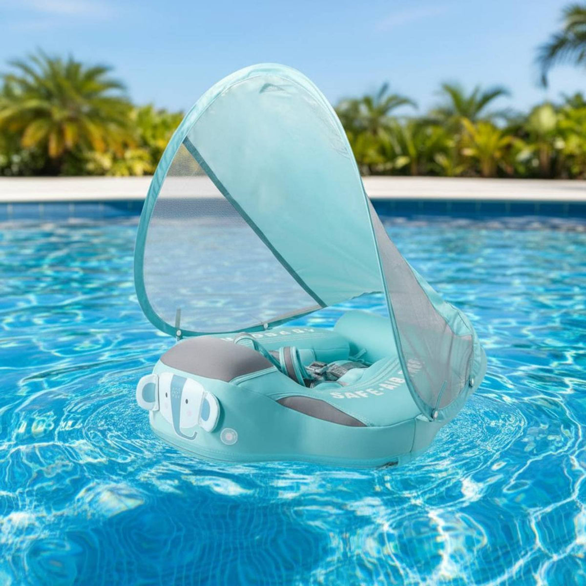 Cartoon Elephant Design Non-Inflatable Baby Buoyancy Aid with Canopy Infant Swim Seat with Harness Air-without Baby Chest Buoyancy Aid for Infants, Babies, Toddlers, Beach