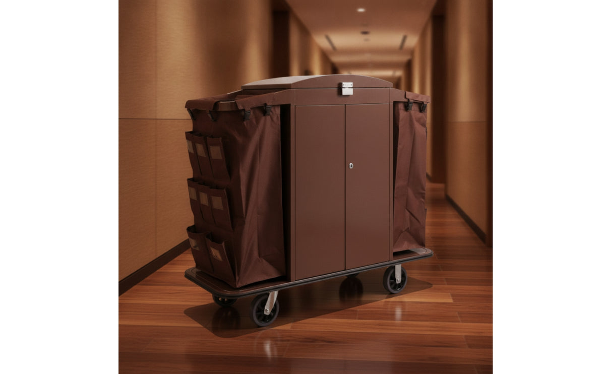 Mobile Room Service Cart with Cloth Bags Wheeled Hotel Trolley with Side Pockets Heavy-Duty Carrito De Hotel Multi-Tier for Housekeepers, Hotels, Guest Rooms, Corridors