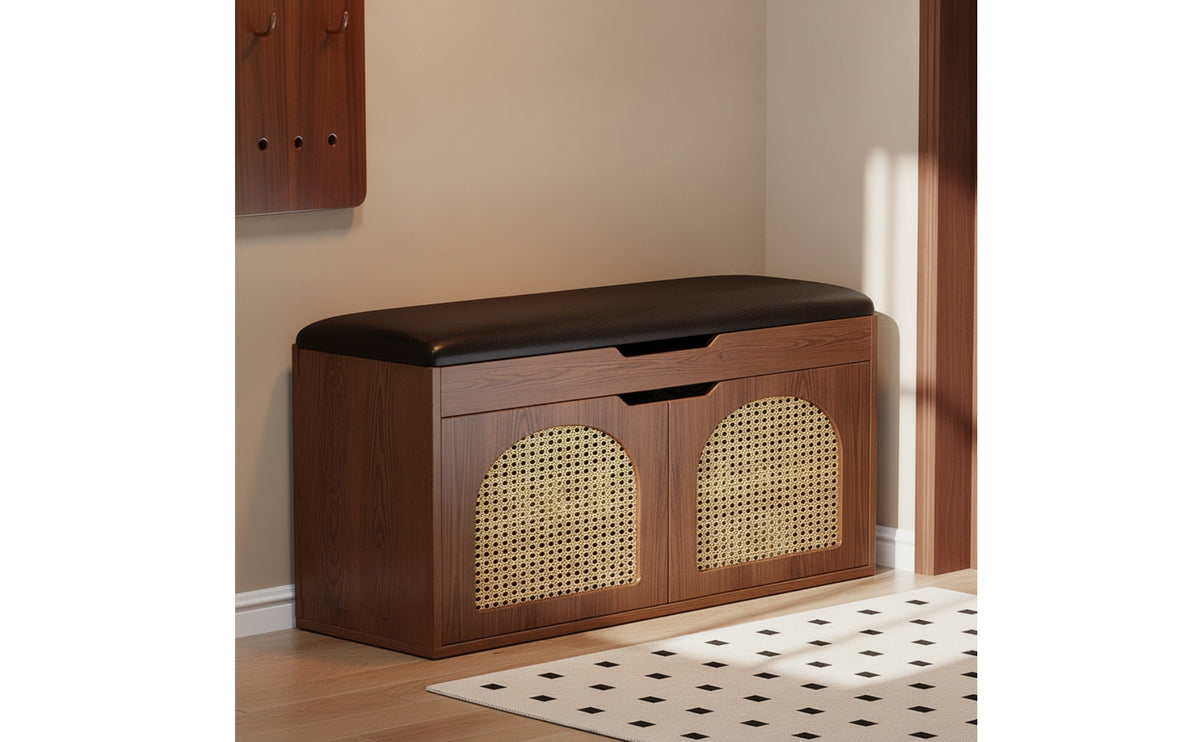 Padded Storage Bench with Rattan Doors Cushioned Entryway Bench with Cushion Sturdy Long-Lasting for Foyer