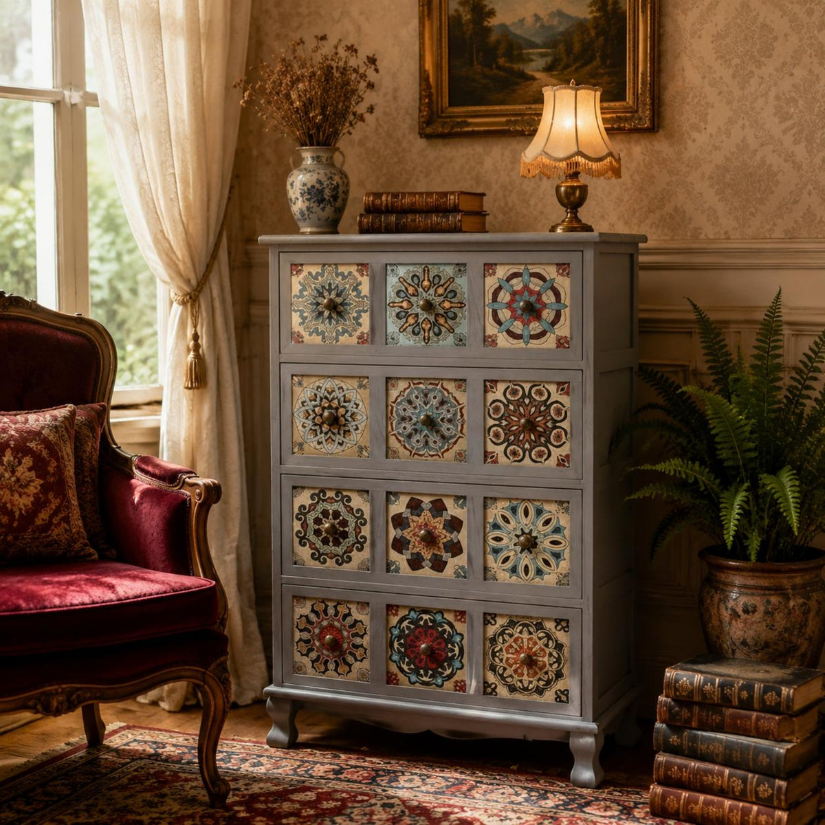Wooden Storage Cabinet Geometric Vintage Cabinet Wooden Sideboard Tile-Like Sturdy Legs Decorative
