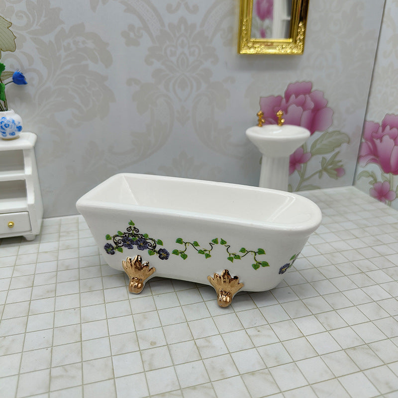 Miniature Ceramic Bathtub for Dollhouse Bathroom Scene