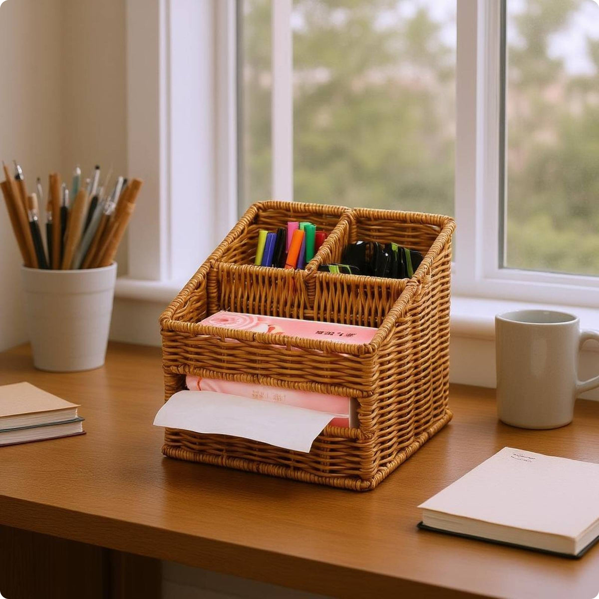 Woven Desktop Basket Compartmented Wicker-Style Organizer Basket Decorative