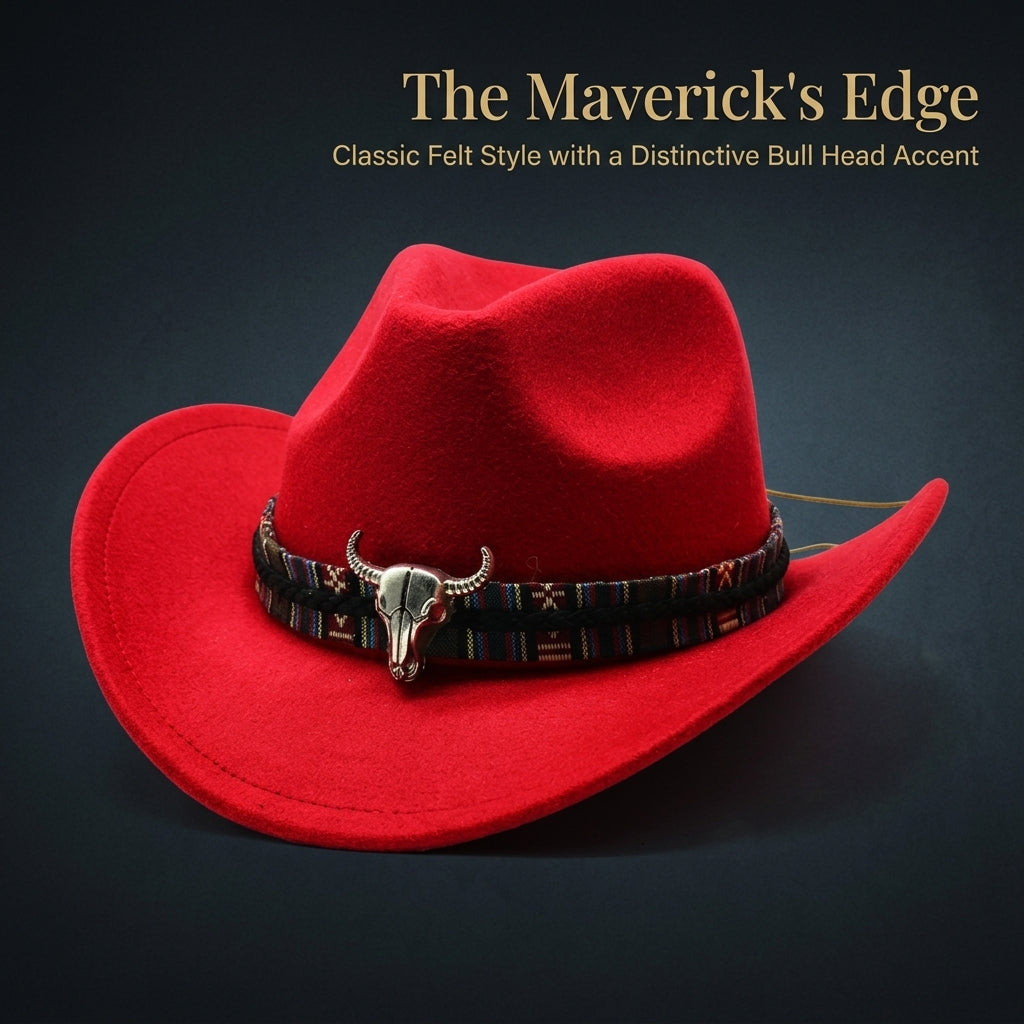 Cowboy Hat for Women with Bull Head Accessory and Belt Band, Polyester Felt Cowgirl Style with Sun Protection, Western Bride Bell Crown Design