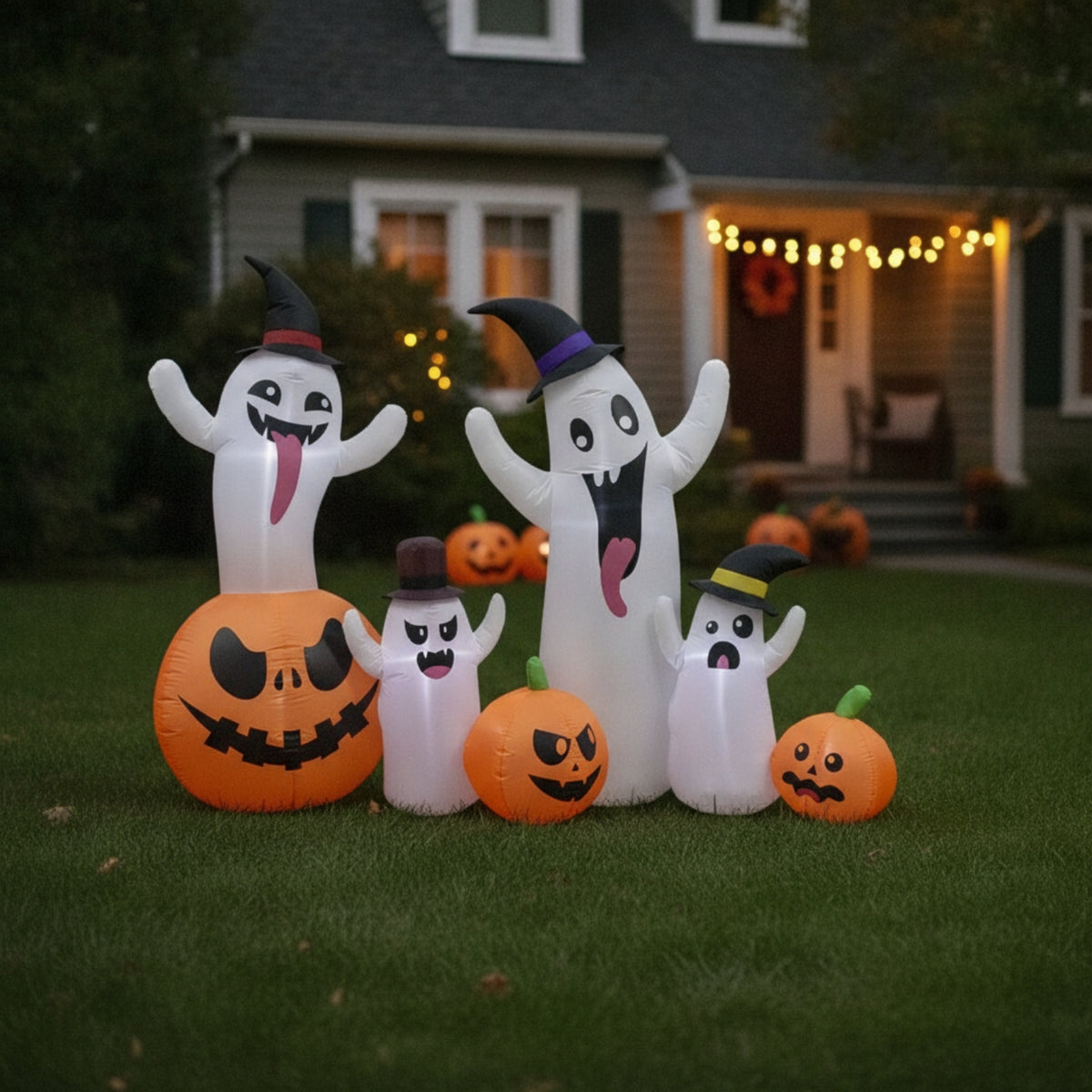 5 Pieces Lighted Halloween Inflatable Giant Inflatable Ghosts Funny Ghost with Hat Adorable for Porch