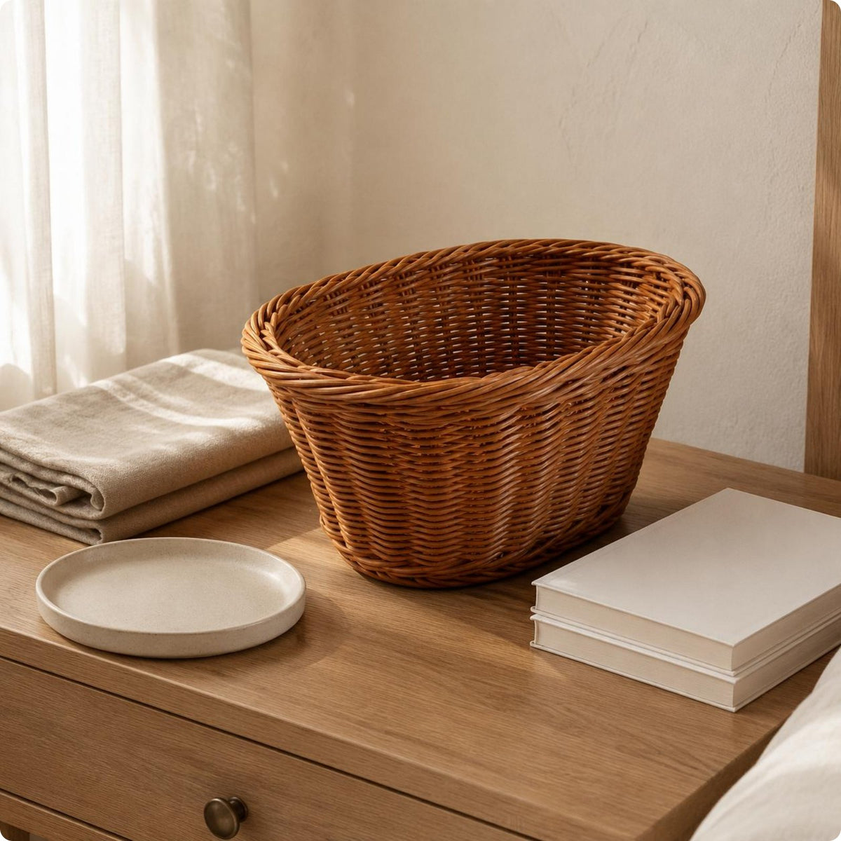 Rattan Design Basket Decorative Home Organization Lightweight for Bedroom