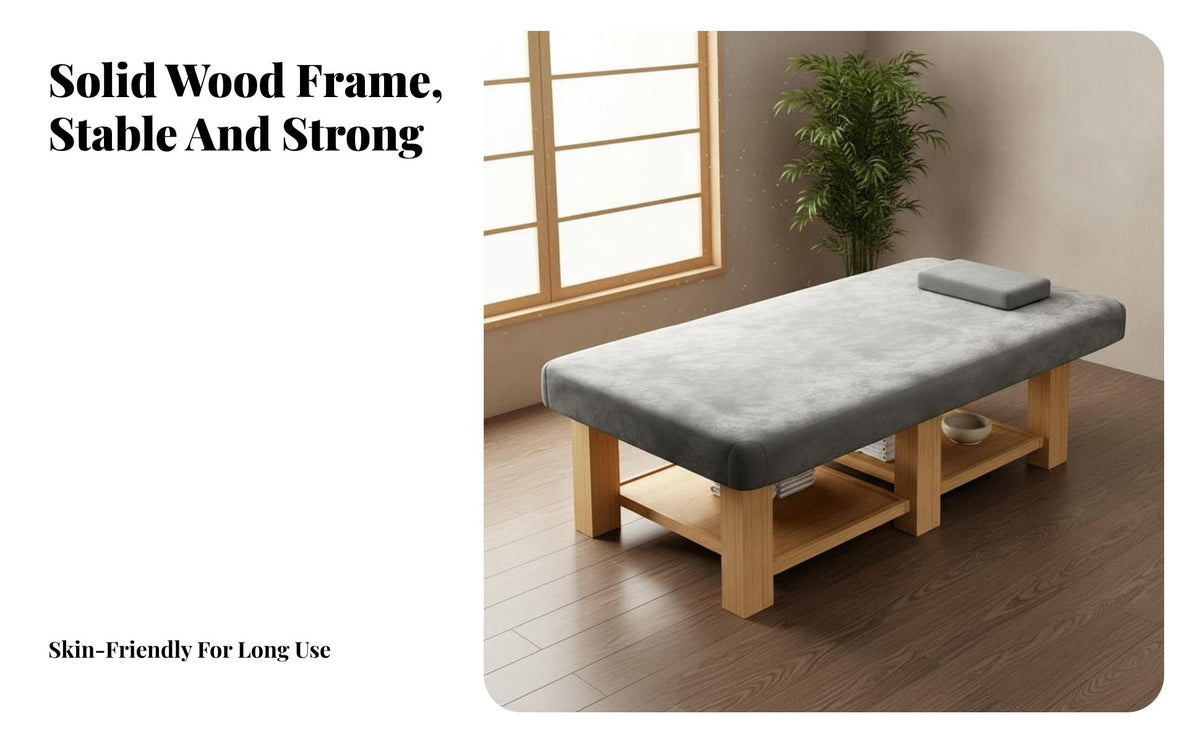 Waterproof & Oil-Proof PU Leather Wide Thai Massage Bed Sturdy Construction Solid Wood Massage Bed High-Density Padding Wooden Physical Treatment Table Heavy Duty for Beauty Professionals, Estheticians Artists, Spas, Wellness Centers, Home