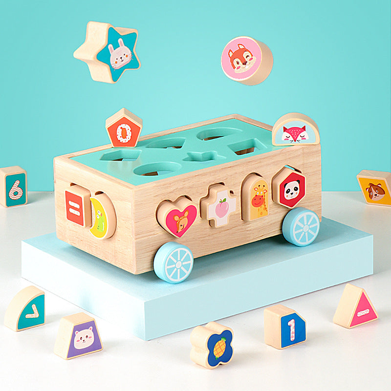 18-Hole Wooden Educational Toy Car with Fruits, Numbers, Shapes, and Animals for Toddlers