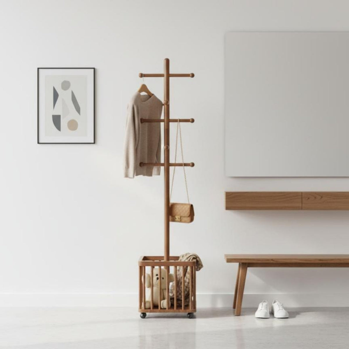 Rolling Valet Stand with Hamper 2-in-1 Design Clothes Rack Large Capacity Basket
