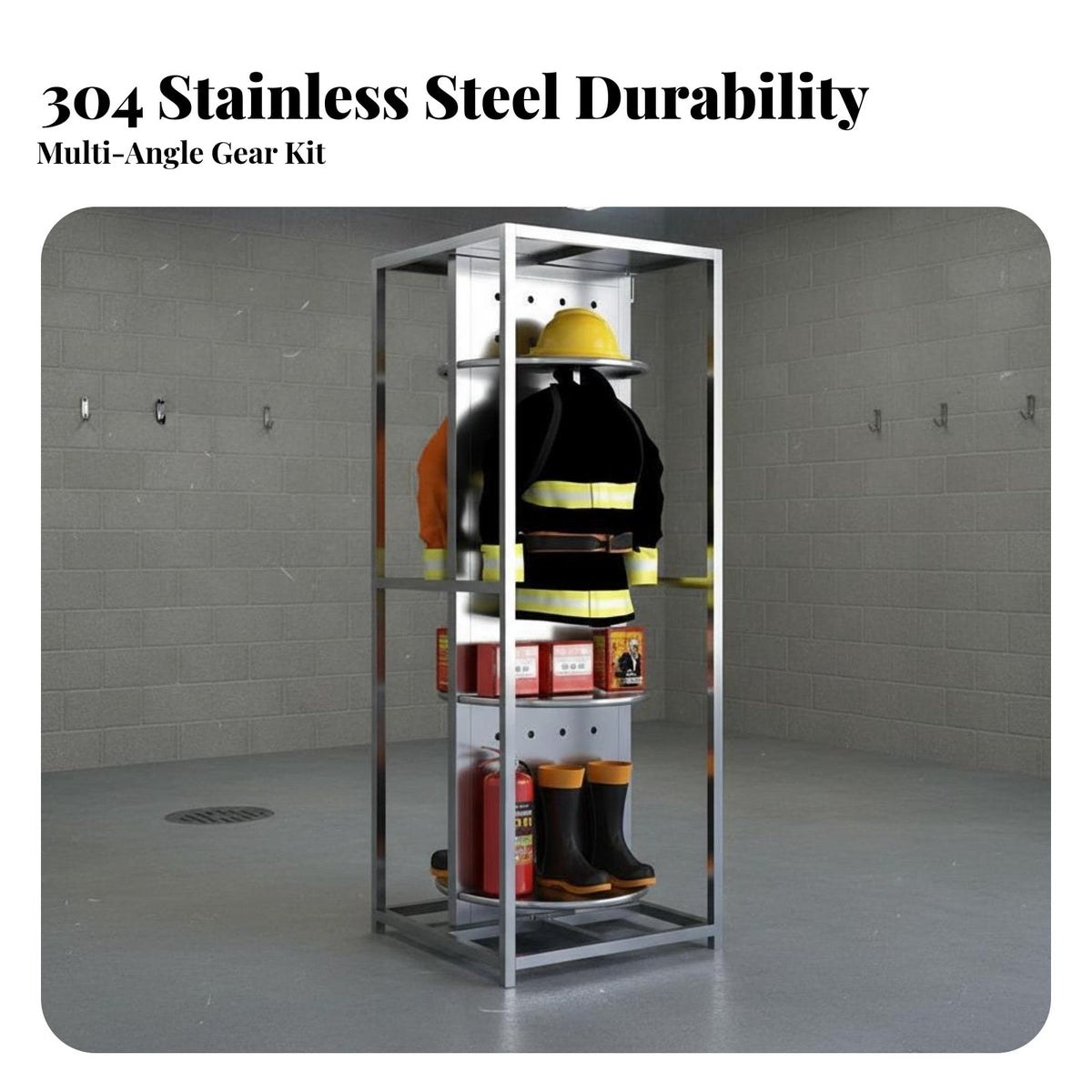 Firefighter Gear Rack Rustproof Stainless Steel Turnout Gear Rack Heavy Duty Rotating Uniform Stand for Firefighters, Crisis Crews Teams, Fire Station