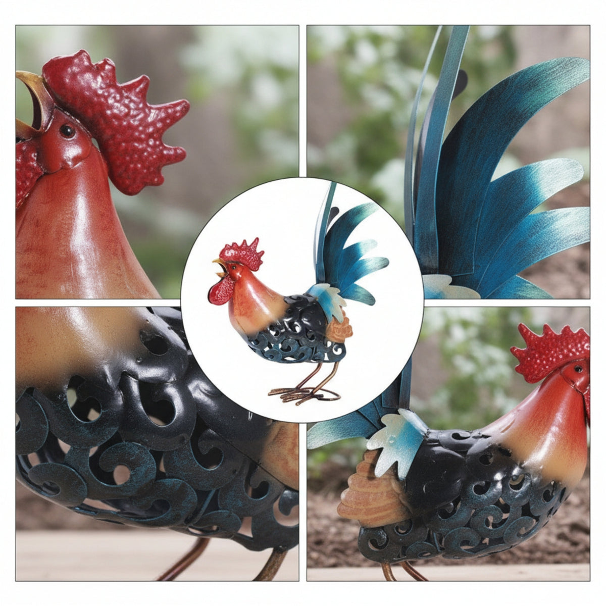Metal Cockerel Openwork Cockerel Figurine Hand-Painted Chicken Statue for Home
