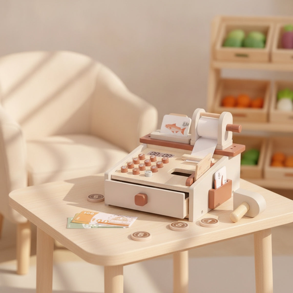 Colorful Wooden Play Currency Register Imaginative Toy Currency Register with Scanner Screennon-Digital STEM for Preschoolers