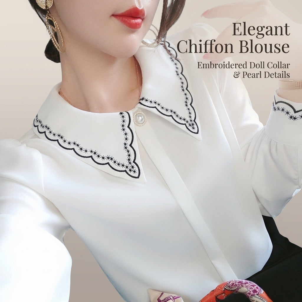 Ladies Long Sleeve Tops with Embroidered Detail for Women, Pleated Sheer Fabric Blouses for Office Wear, Spring Business Casual