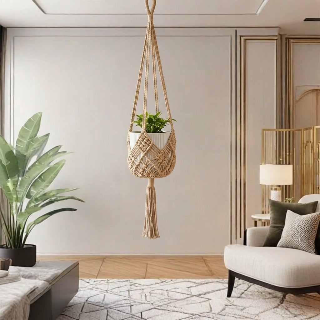 Hanging Basket for Garden Decor and Wall Decor, Pack of 4 Macrame Hanging Plant Hangers for Living Room, Boho Style Tassel Decor, Rope Woven