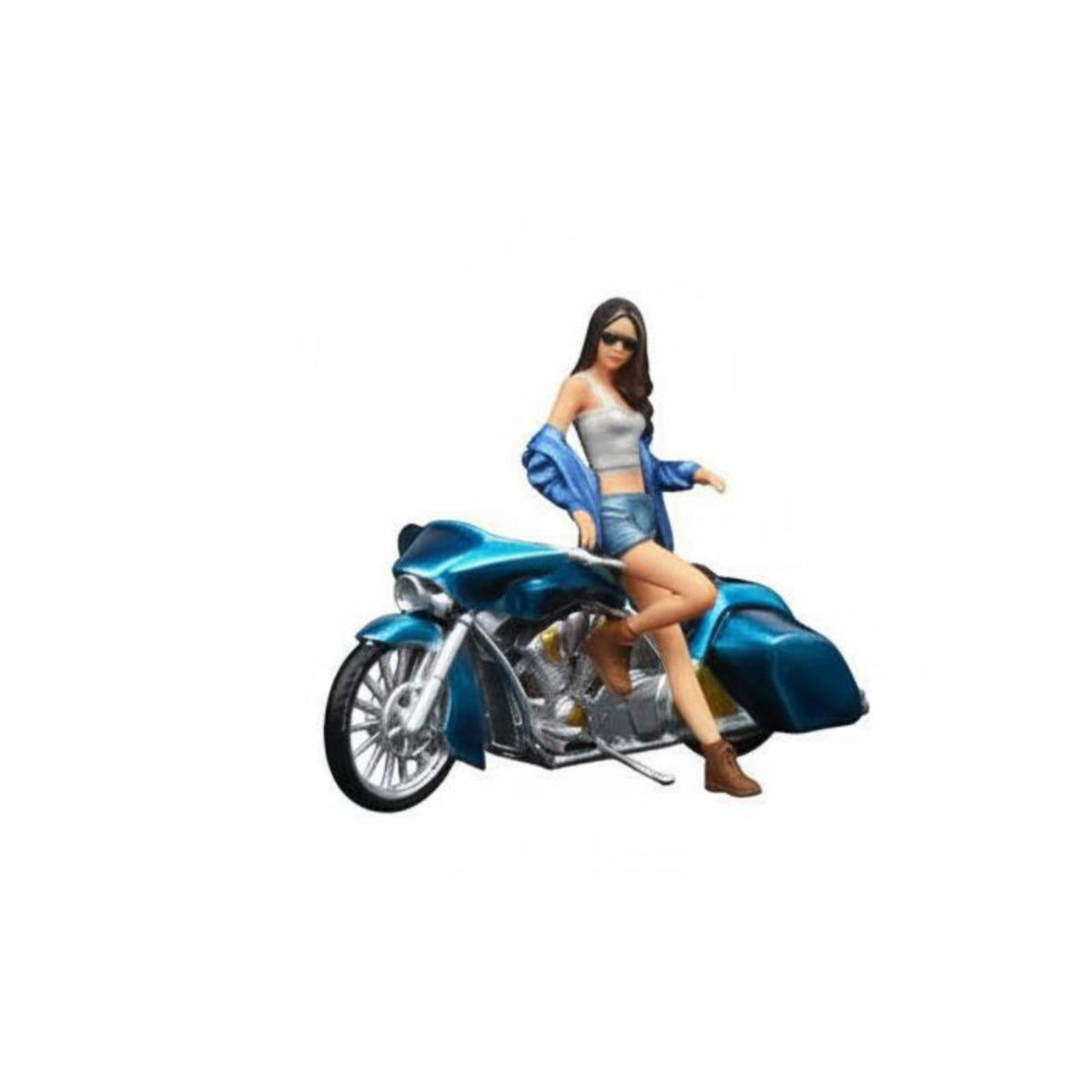 Highly Detailed Blue Motorcycle with Female Figure Hand-Painted 1:64 Scale Motorcycle Girl Female Rider Diorama Figure for Collectors, Hobbyists, Desktop Decoration
