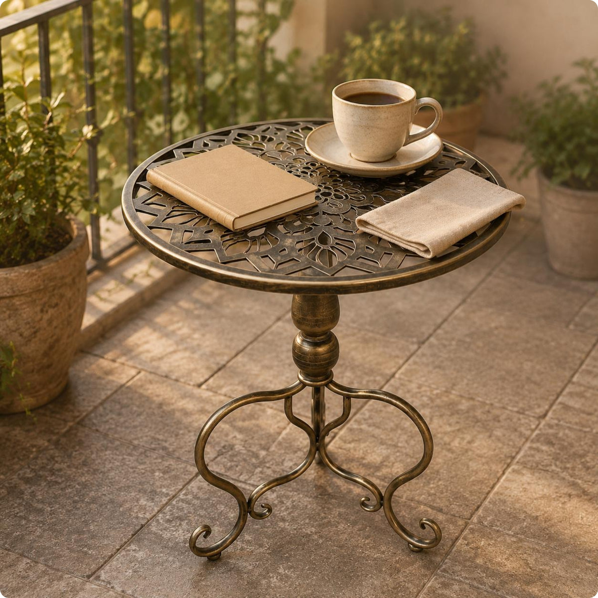 Carved Round Side Table Antique Finish Small Round Decorative Table for Balcony, Living Room