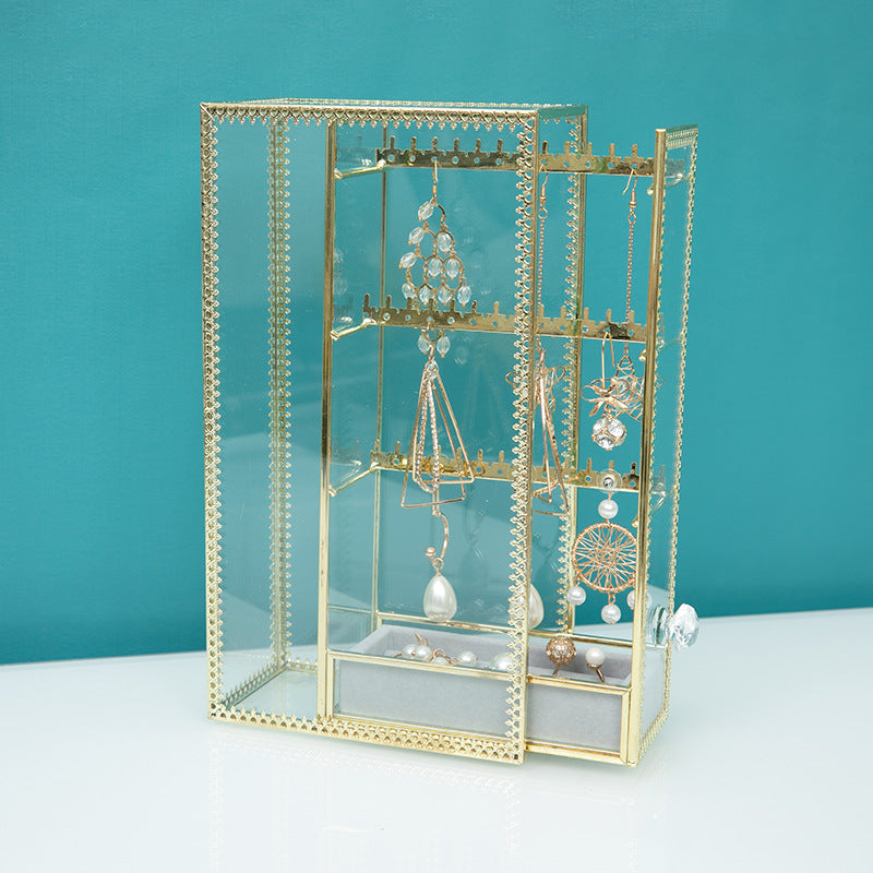 European Style Gold-Trimmed Transparent Glass Jewelry Box for Earrings, Rings, Necklaces, Princess Jewelry Display Stand